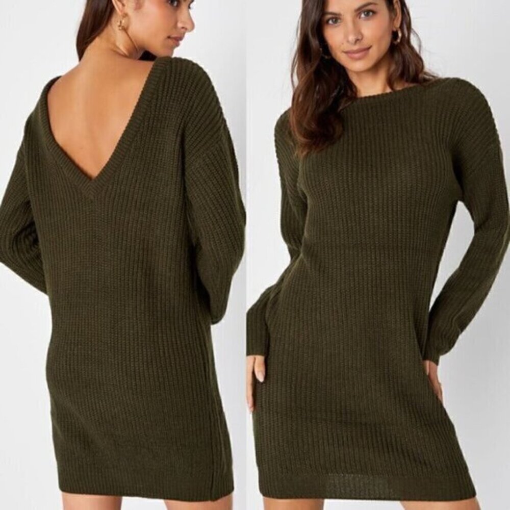 LULUS LULU'S Bringing Sexy Back Backless Sweater Dress Olive Green V-Neck Back M